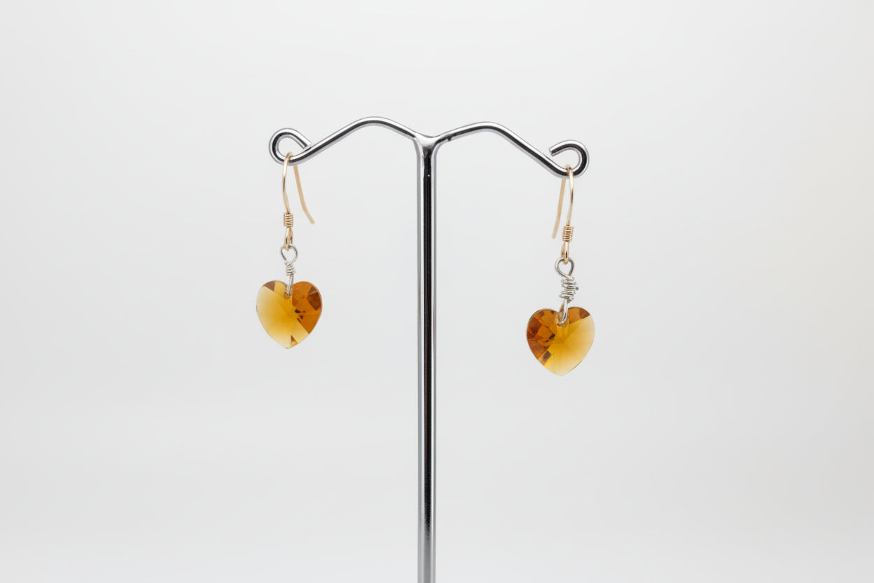 14kt Gold Filled/Sterling Silver Heart Drop Earrings Amber