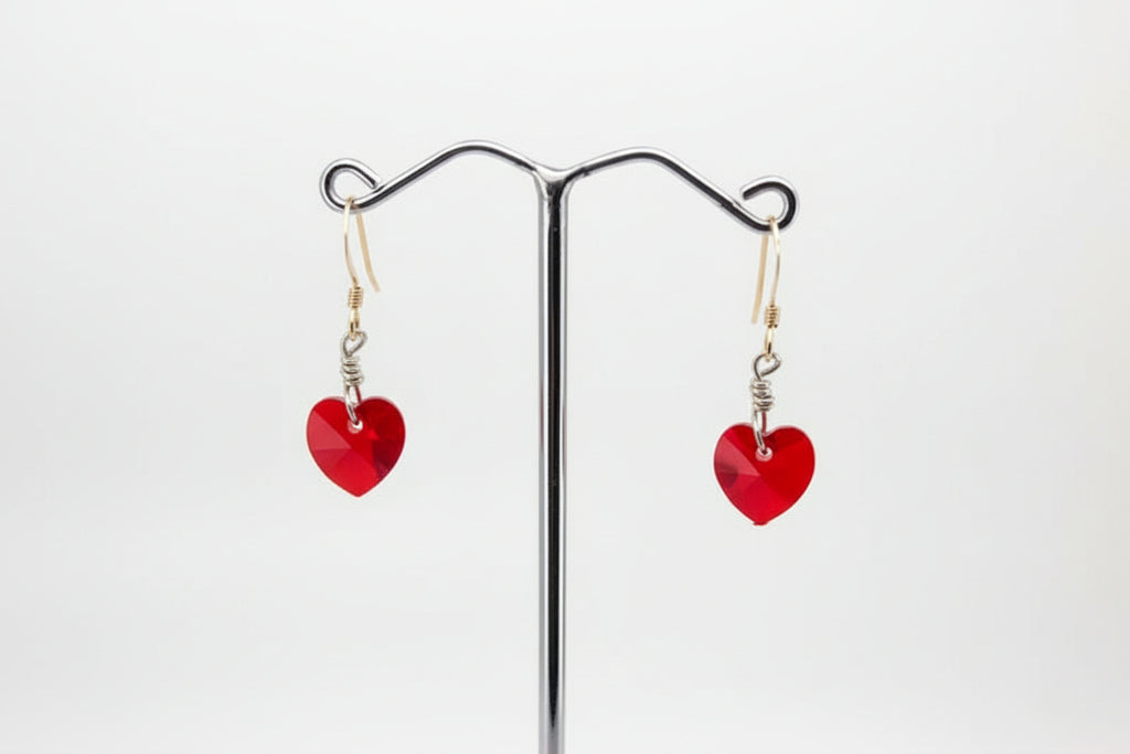 14kt Gold Filled/Sterling Silver Heart Drop Earrings Red