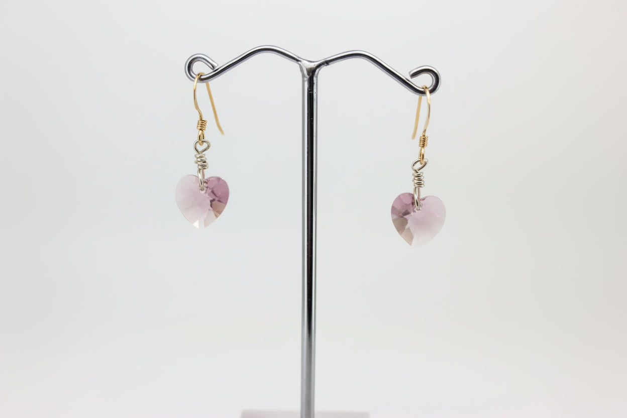 14kt Gold Filled and Sterling Silver Heart Drop Earrings Pink