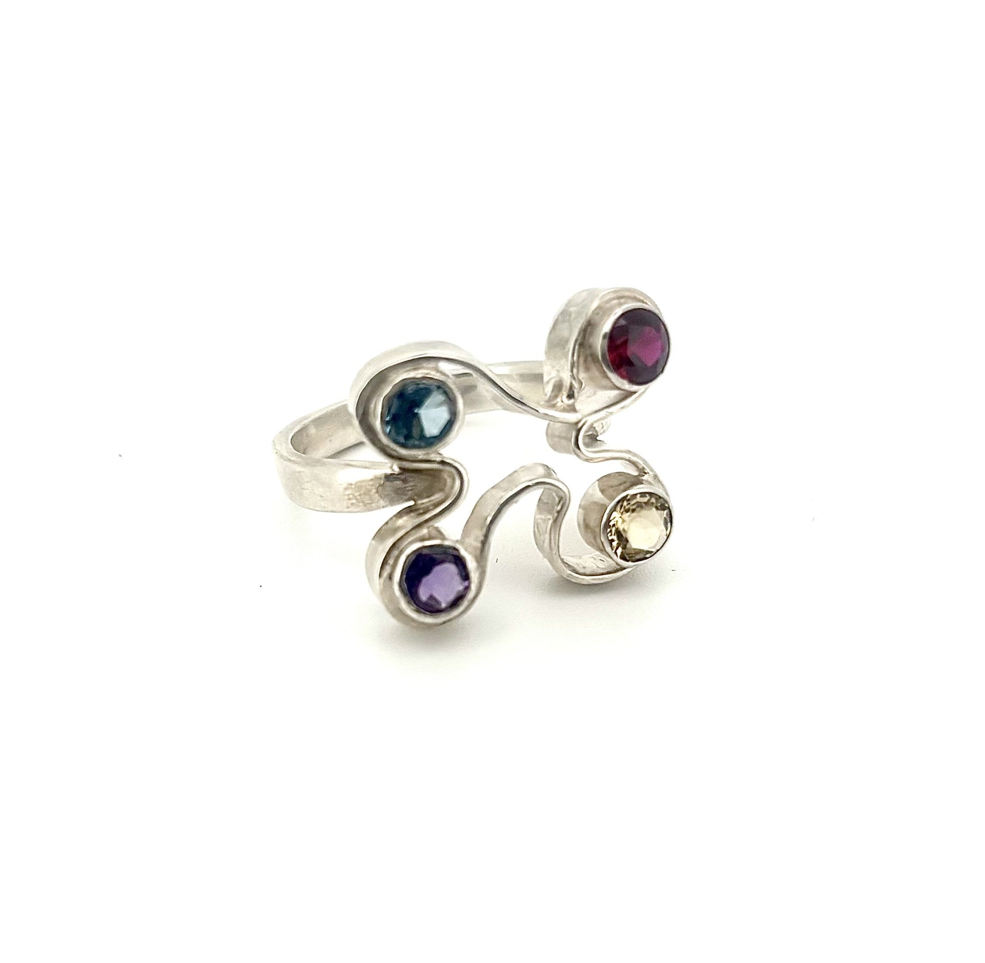 Silver ring with multi-coloured gemstones 
