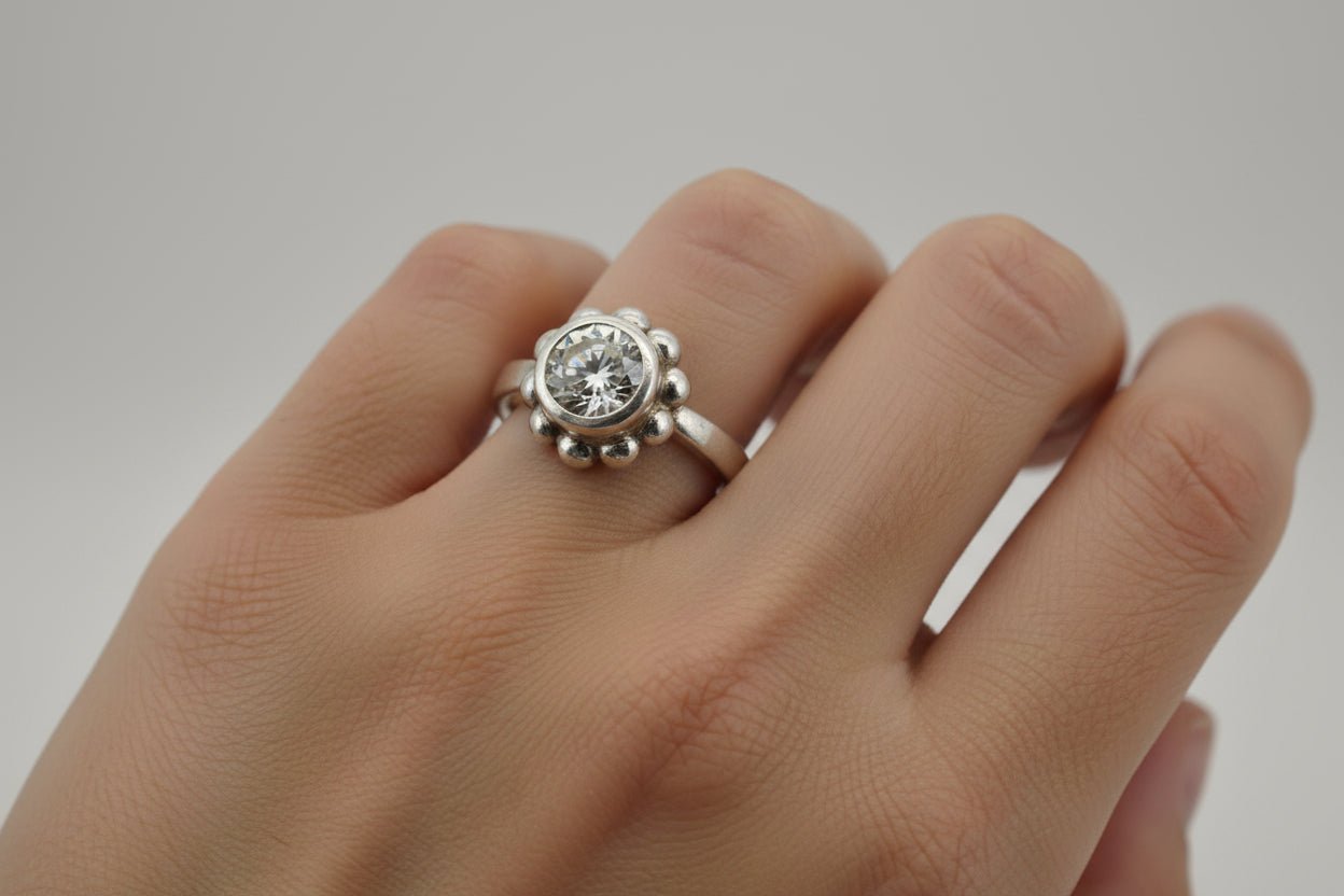 Handmade 2ct Moissanite Silver ring with pearl border Australian Made