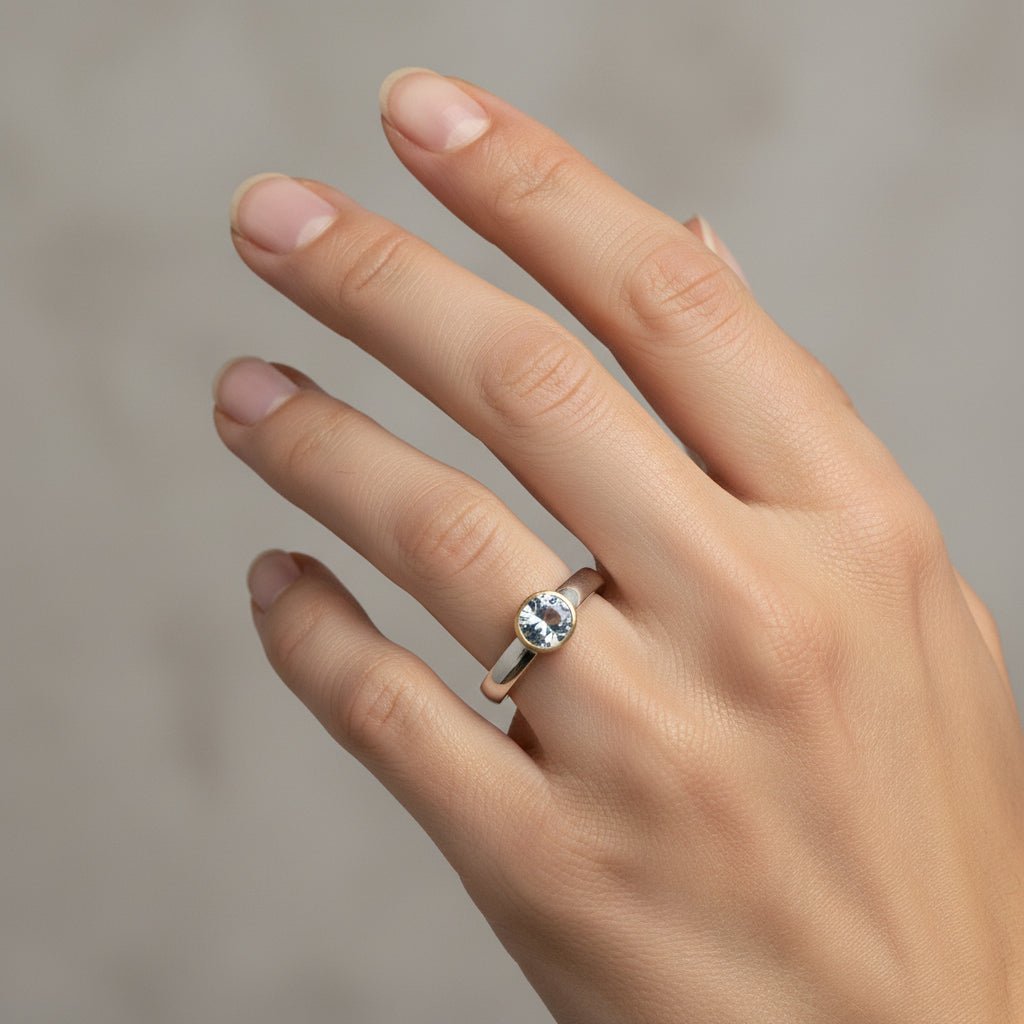 Handmade Argentium Silver (hypo-allergenic properties) and Lab Grown White Sapphire Ring Australian Made