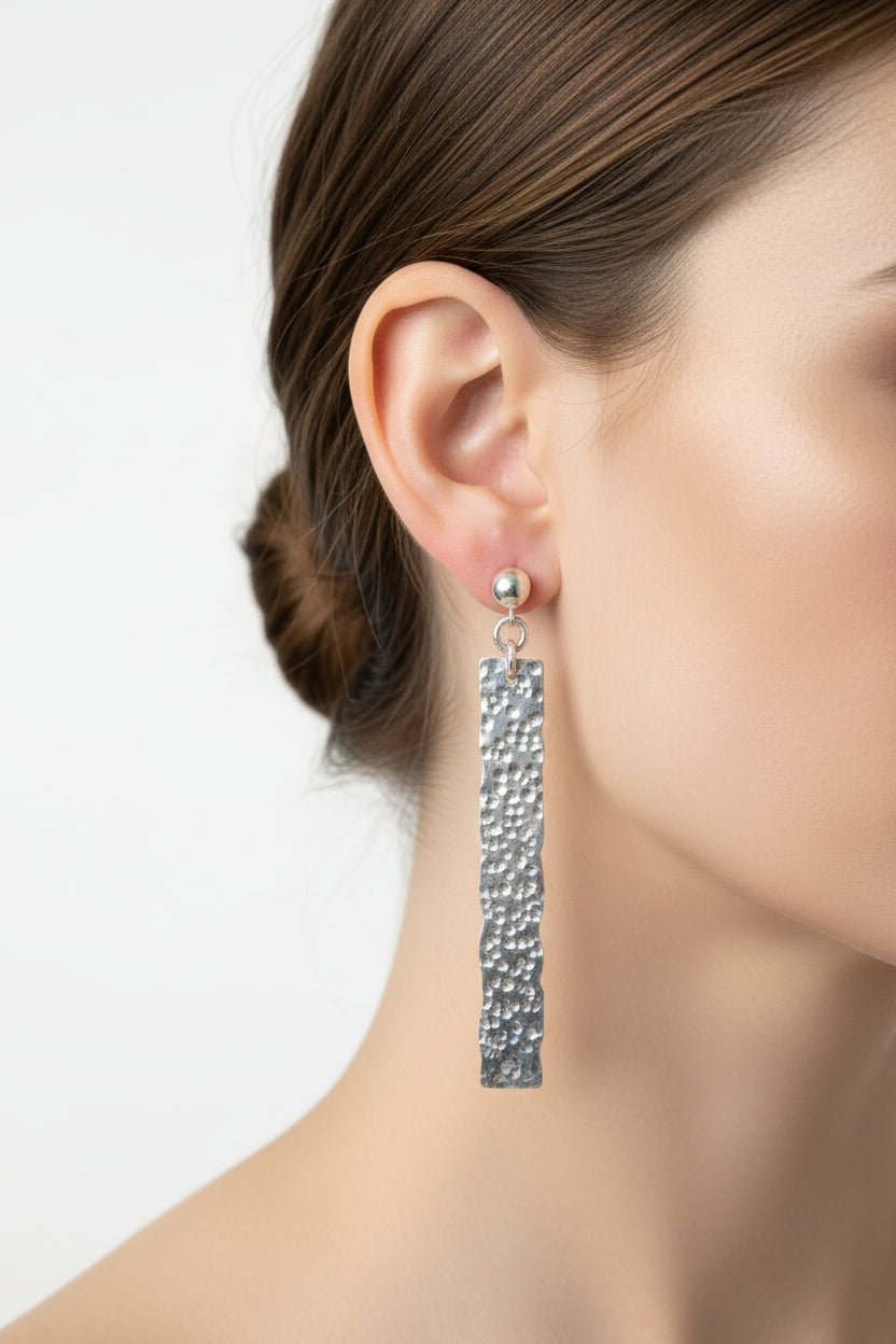 Handmade Silver Argentium hammered long drop earrings made in australia