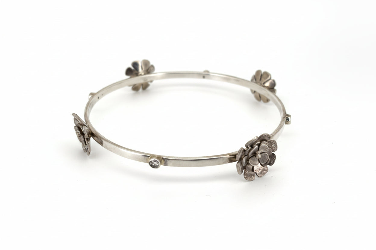Handmade Sterling Silver Flower and Cubic Bangle.  Australian Made