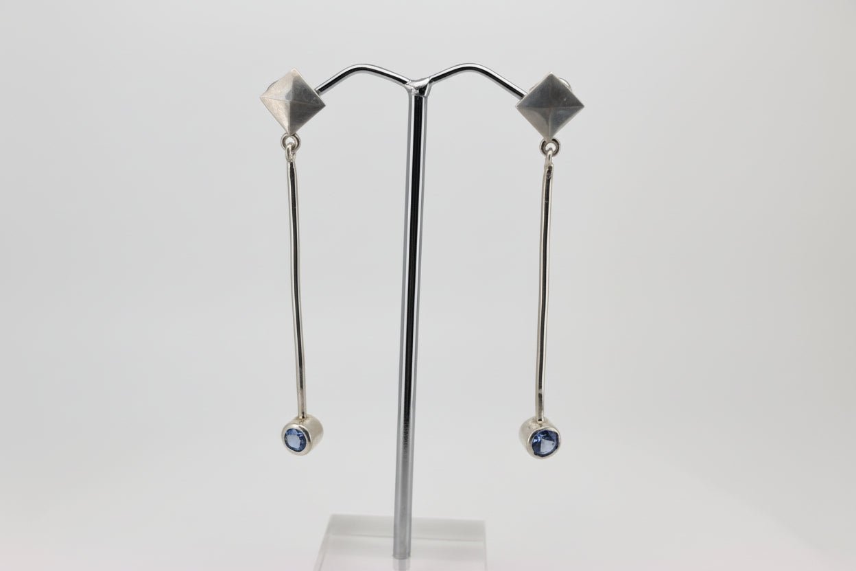 Handmade Sterling Silver Pyramid Drop Blue Cubic Zirconia Earrings Australian Made