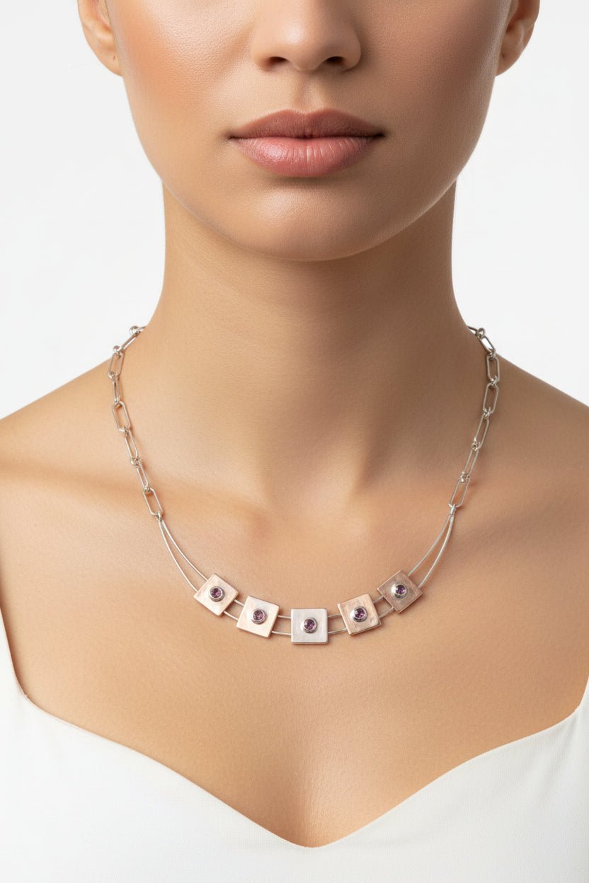 Handmade Sterling Silver 5 strone Colour change lab grown Paper Clip Necklace. Australian Made