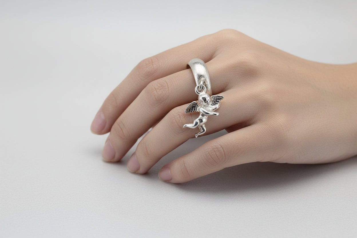 Handmade Sterling Silver Cupid Dangle Charm Ring Australian Made