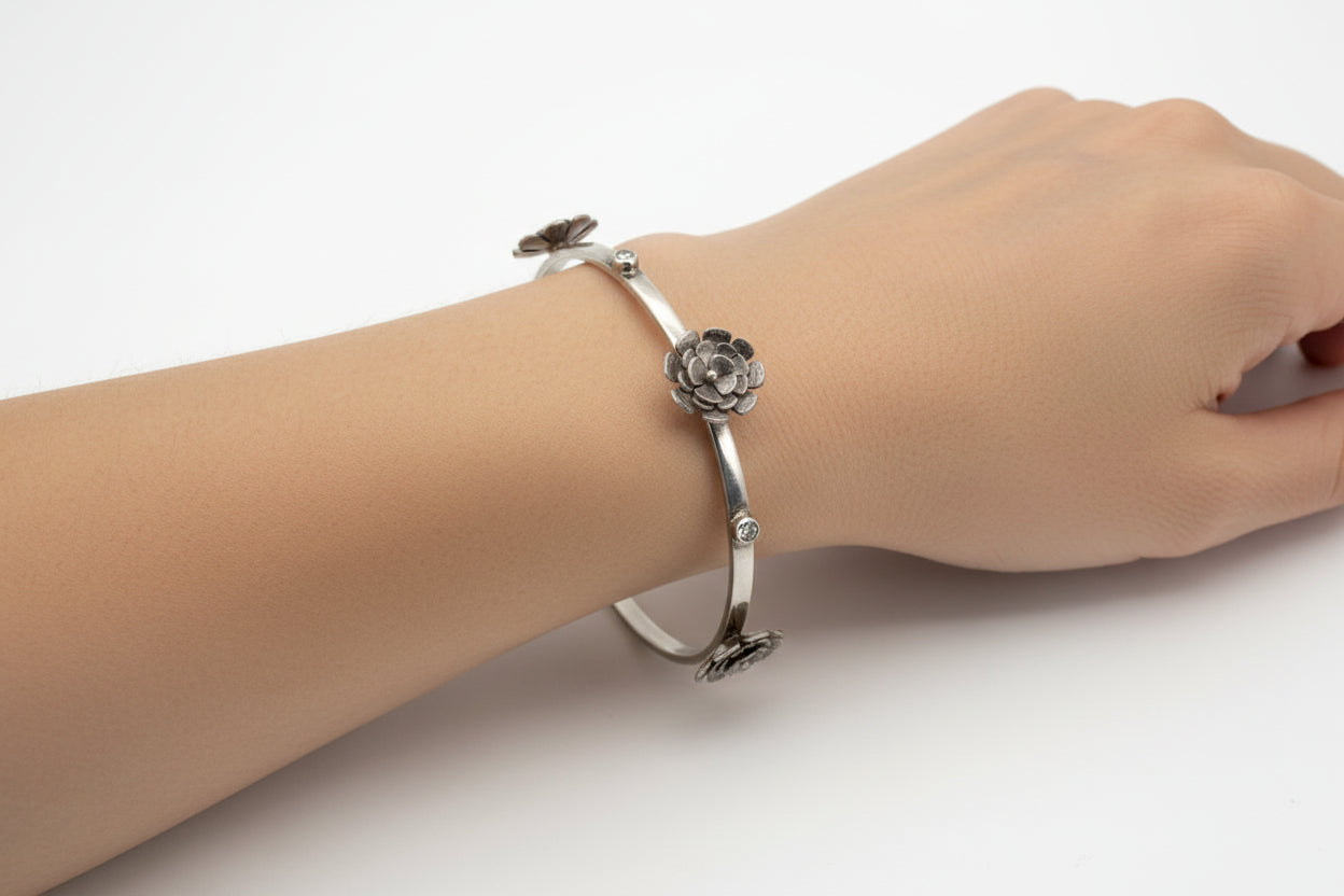 Handmade Sterling Silver Flower and Cubic Bangle.  Australian Made