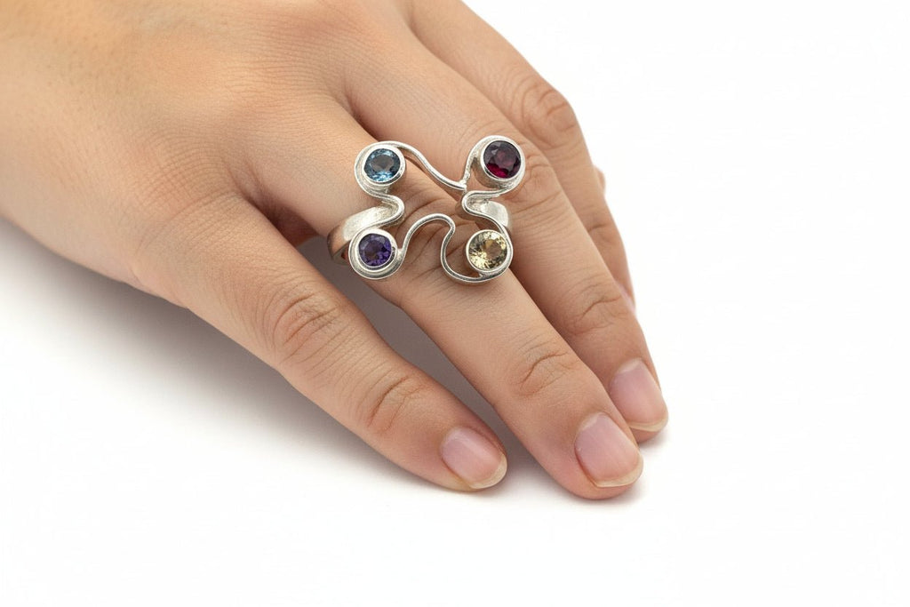 Handmade Sterling Silver ring with multi-coloured gemstones Australian Made
