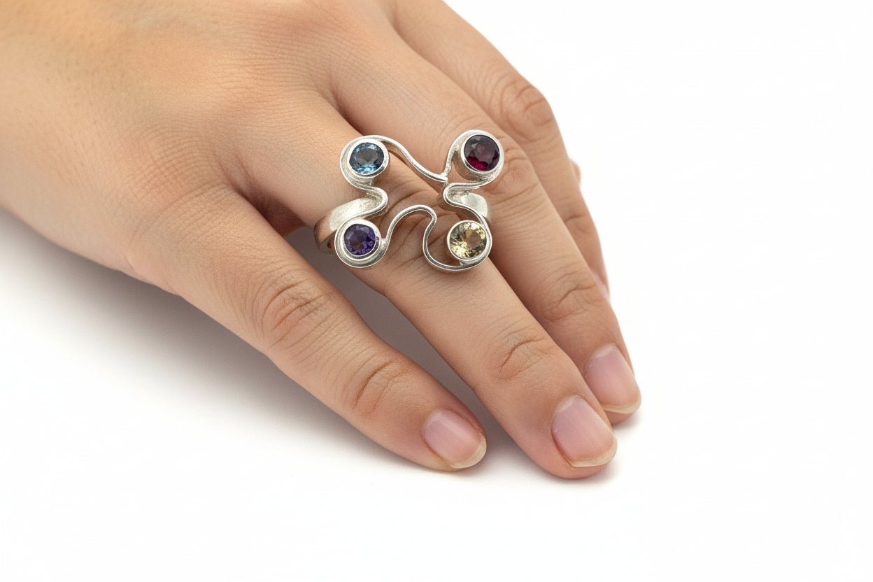 Handmade Sterling Silver ring with multi-coloured gemstones Australian Made