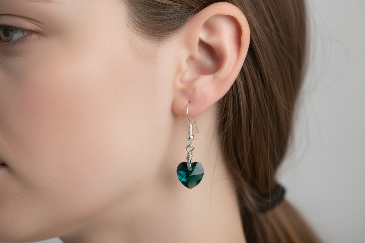 Handmade Sterling Silver Heart Drop Earrings Green Australian Made