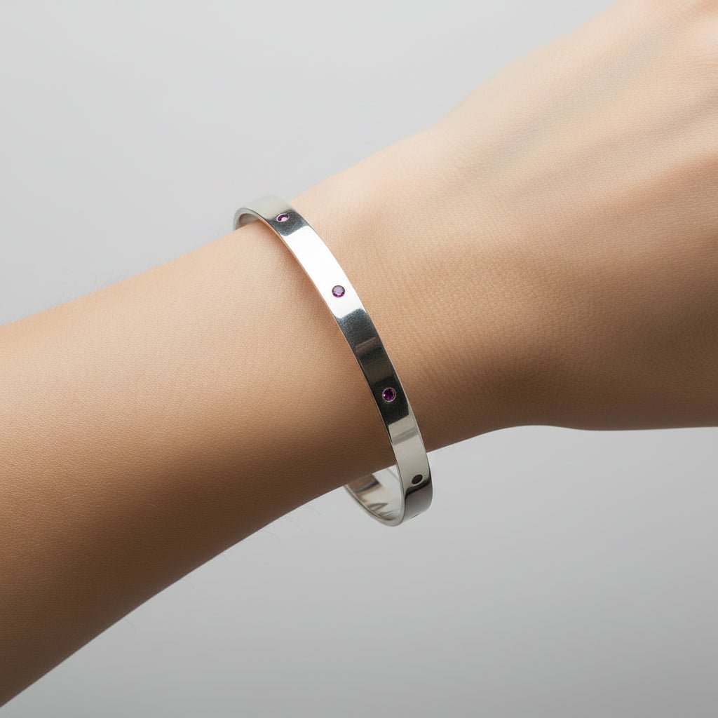 Handmade Sterling Silver bangle with Lab Grown Pink Sapphires Flush set Australian made
