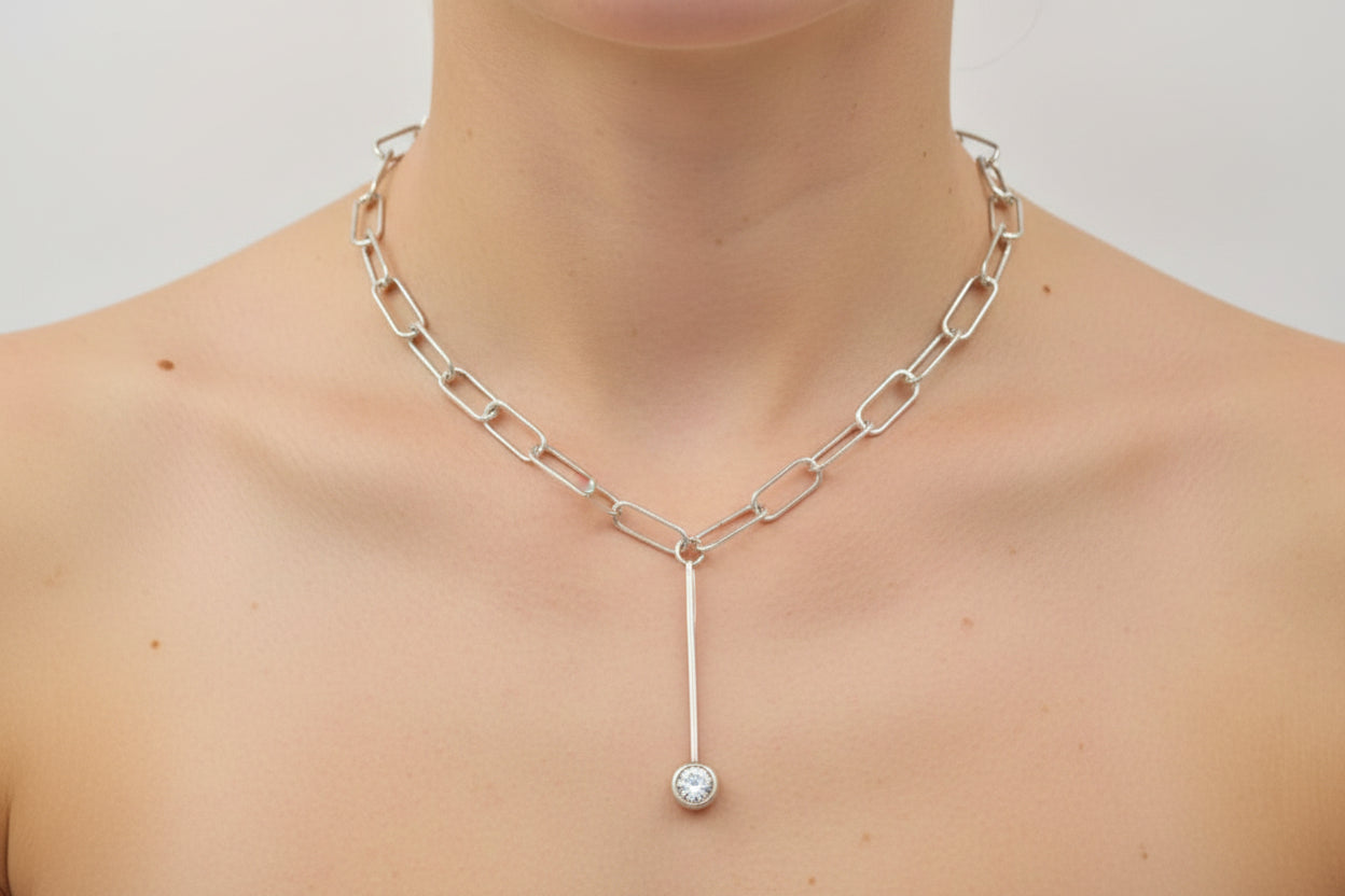 Handmade Sterling Silver Paper Clip Necklace with CZ Drop Australian Made