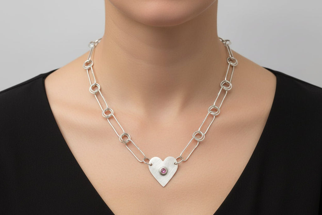 Handmade Sterling Silver Paperclip Heart Necklace with Pink Corundum Australian Made