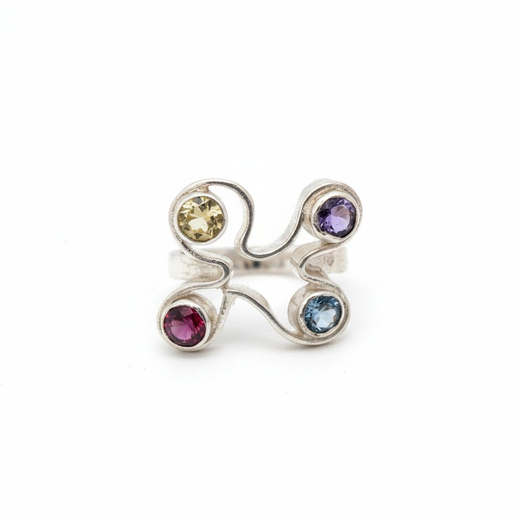 Handmade Sterling Silver ring with multi-coloured gemstones Australian Made