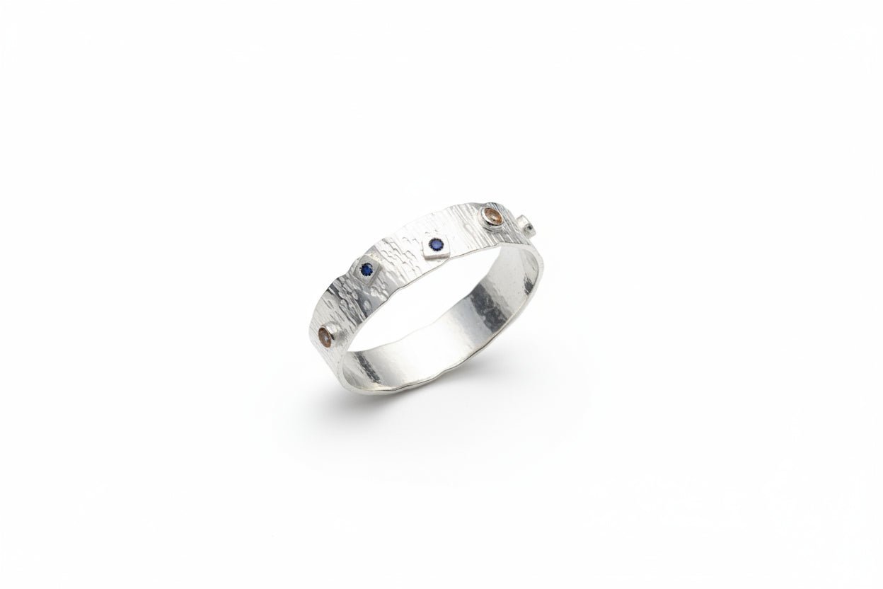 Handmade Sterling Silver Textured Stone Set Bangle Australian Made