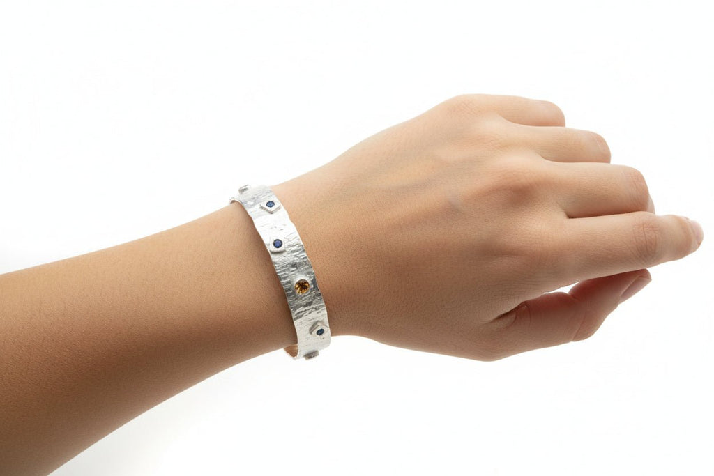 Handmade Sterling Silver Textured Stone Set Bangle Australian Made