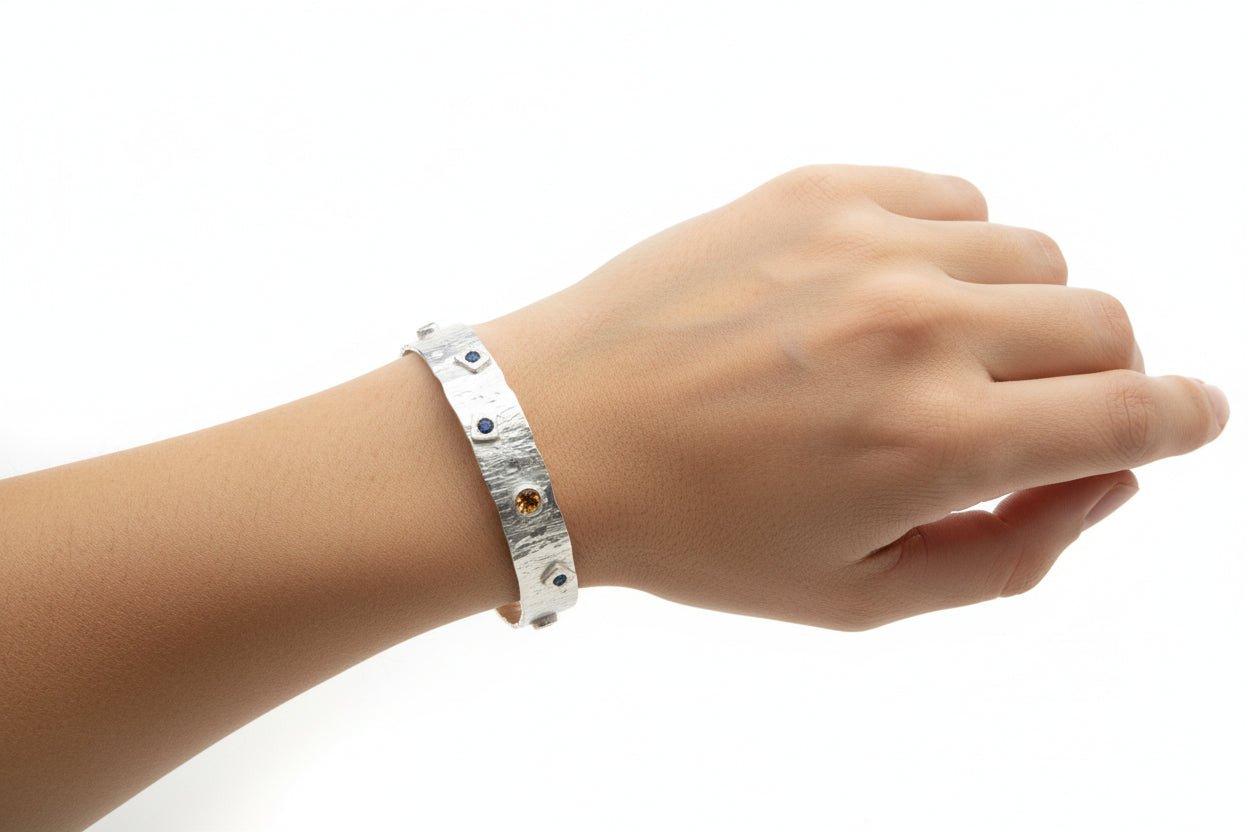 Handmade Sterling Silver Textured Stone Set Bangle Australian Made