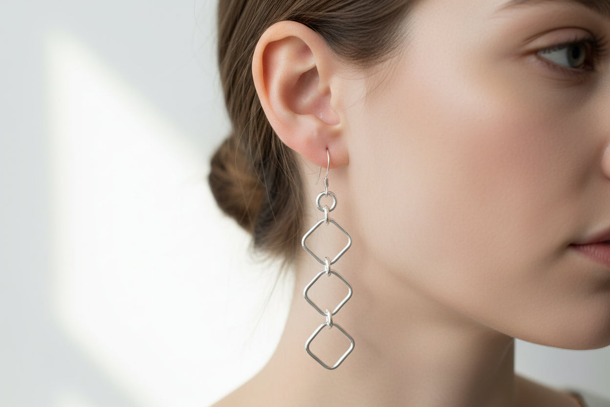 Handmade Sterling Silver Triple Square and Round Loop Earrings Australian Made