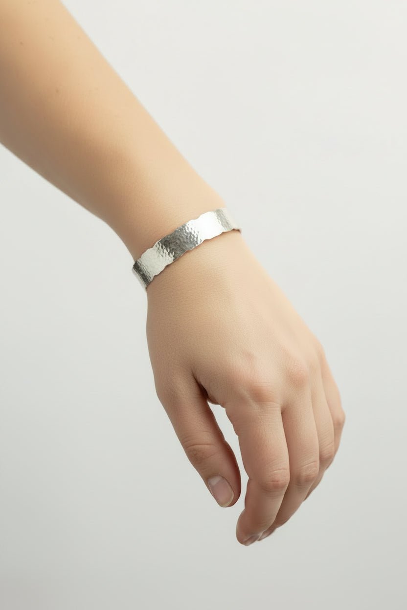 Handmade Sterling Silver Wide Hammered Bangle Scalloped edges 62.5mm Australian made