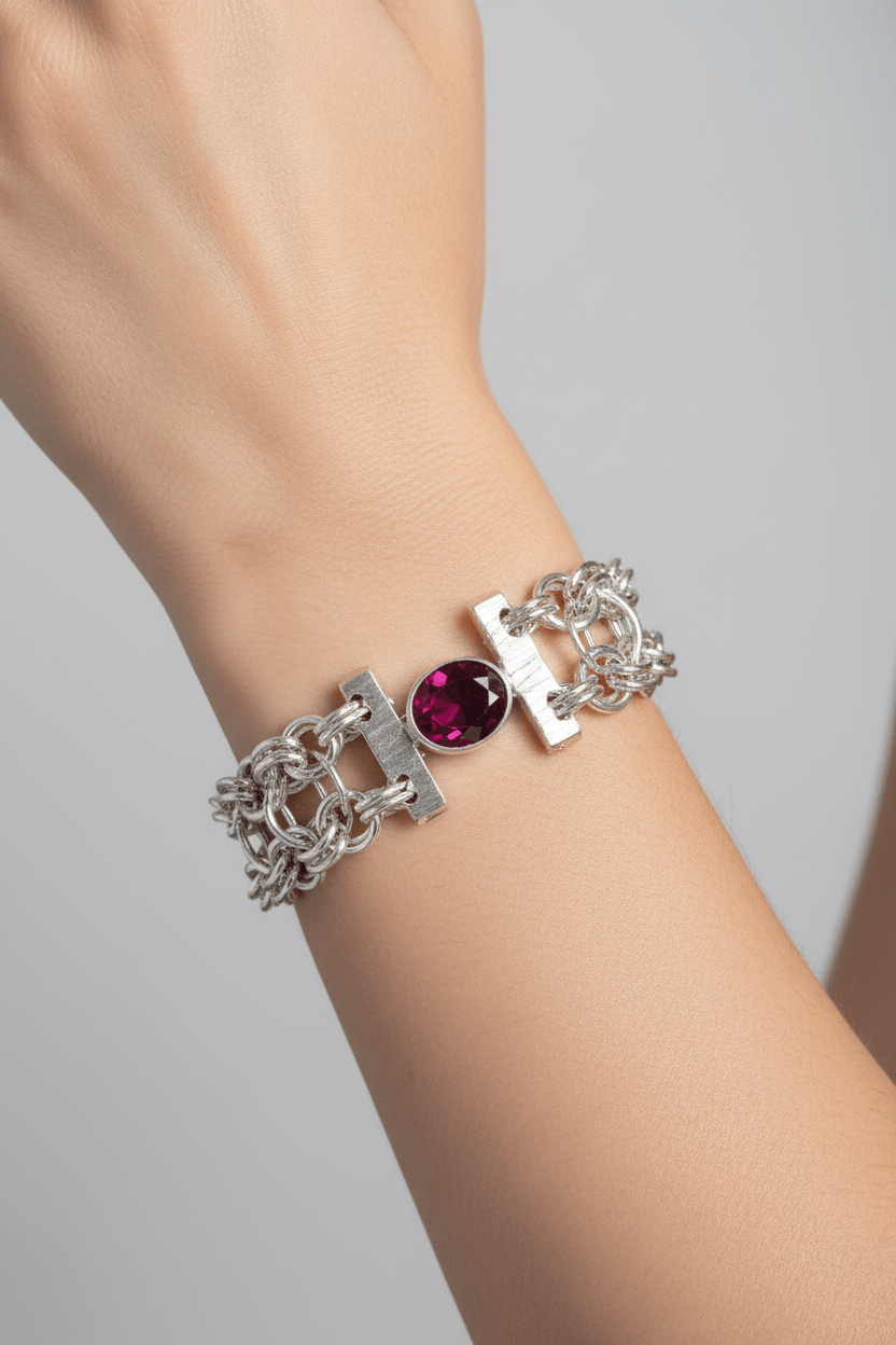 Handmade Sterling Silver chain mail bracelet with Lab grown Oval Ruby 19cm Australian made