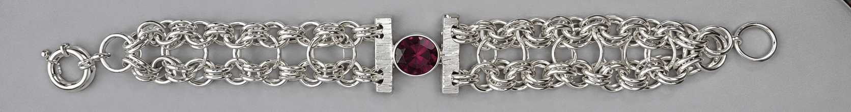 Handmade Sterling Silver chain mail bracelet with Lab grown Oval Ruby 19cm Australian made