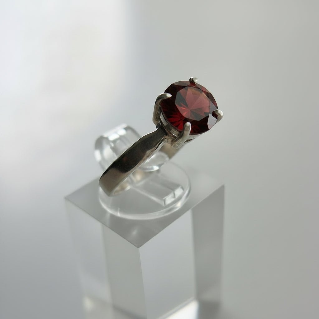 Handmade Sterling Silver dress ring Red 8mm round Cubic Zirconia stone. Made in Australia