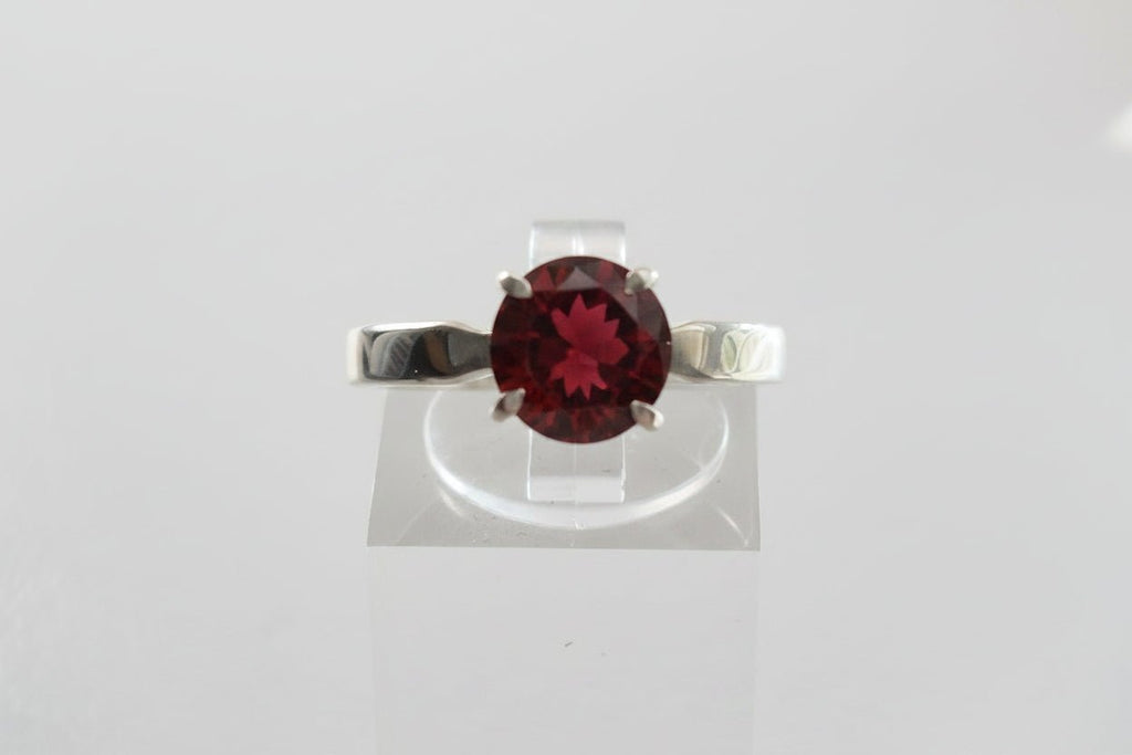 Handmade Sterling Silver dress solitaire ring Red 8mm round Cubic Zirconia stone. Made in Australia