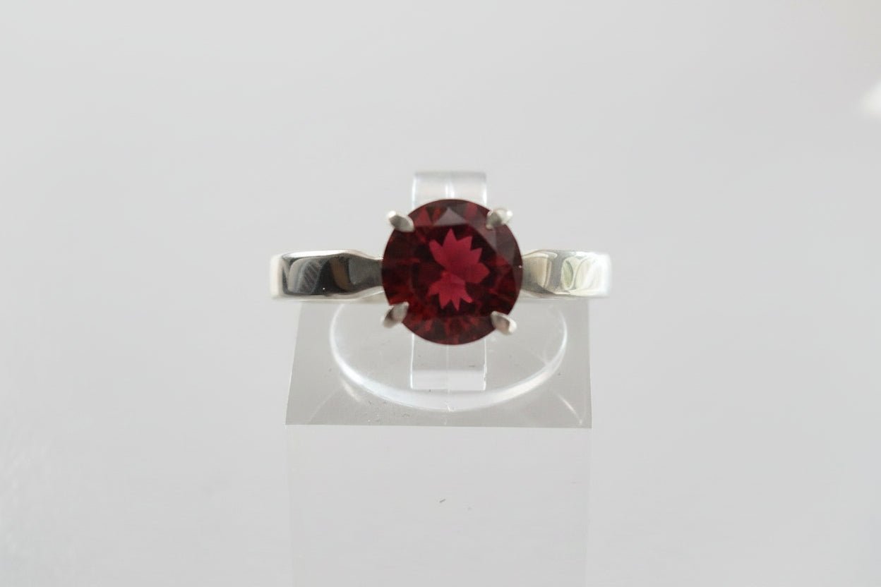 Handmade Sterling Silver dress solitaire ring Red 8mm round Cubic Zirconia stone. Made in Australia