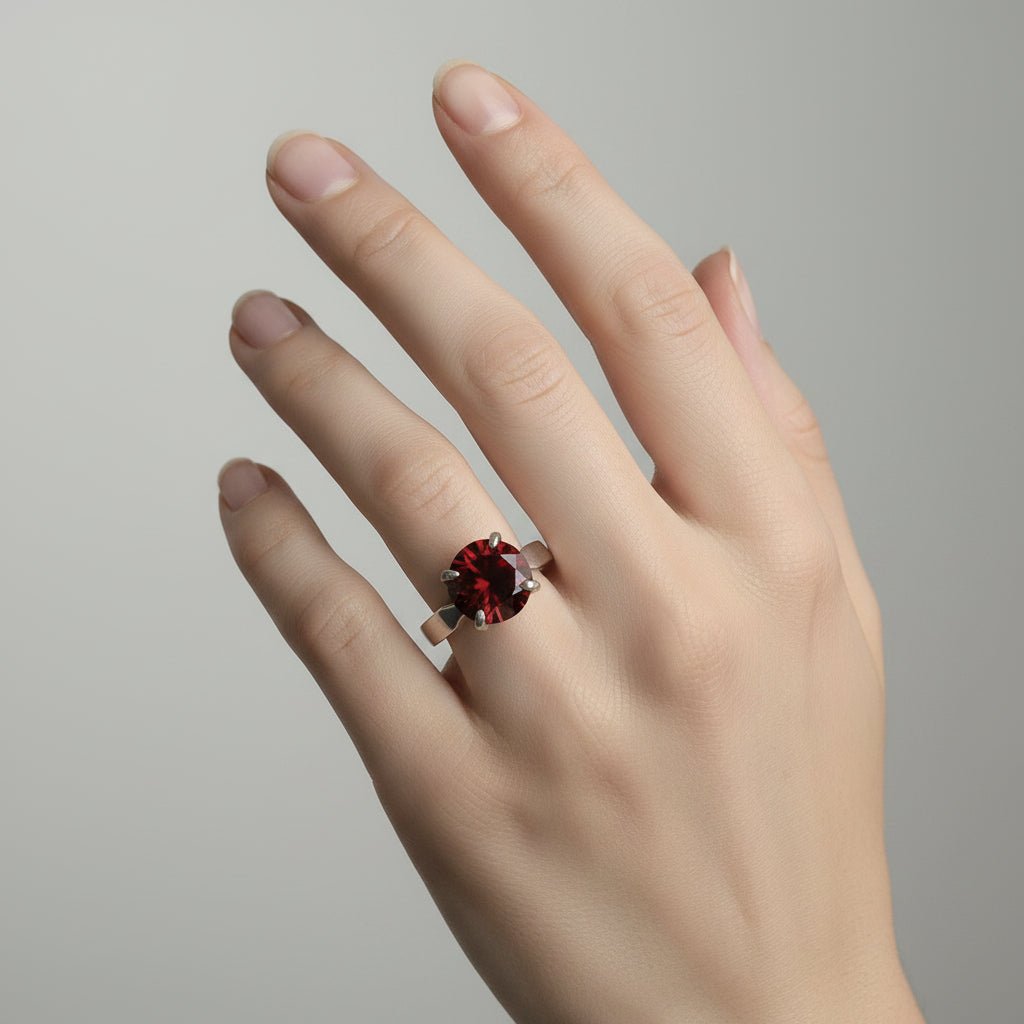 Handmade Sterling Silver dress solitaire ring Red 8mm round Cubic Zirconia stone. Made in Australia
