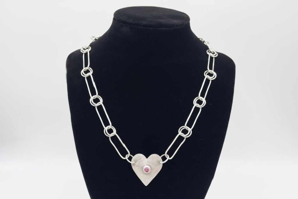 Handmade Sterling Silver Paperclip Heart Necklace with Pink Corundum Australian Made