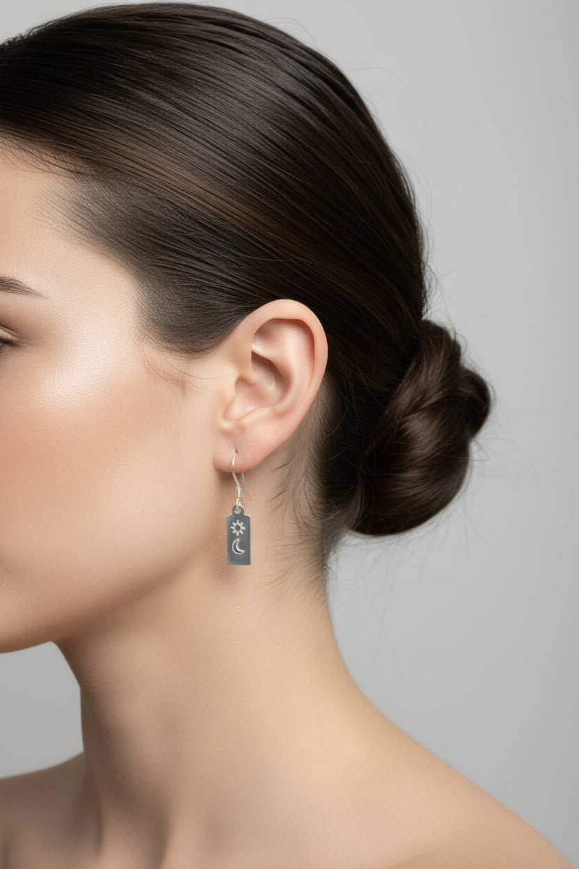 Handmade Sterling Silver Sun and Moon ID Tag Earrings Australian Made