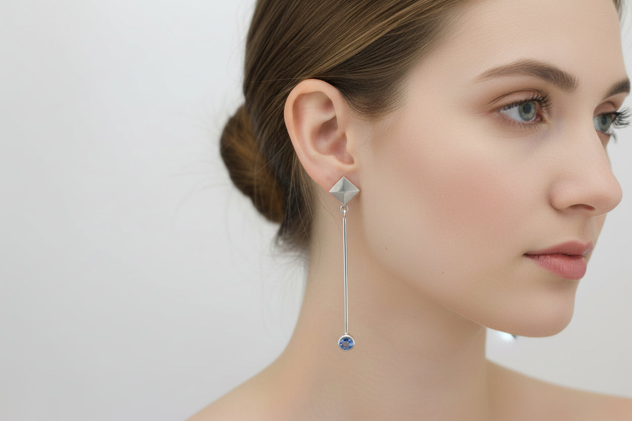 Sterling Silver Pyramid Drop Blue Zirconia Earrings