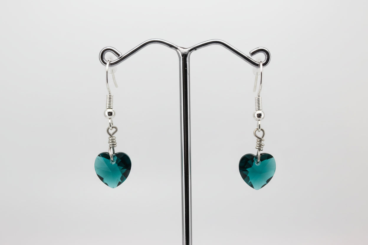 Sterling Silver Heart Drop Earrings Green