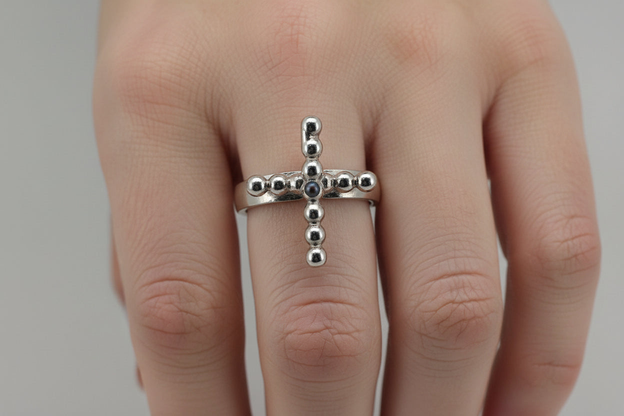 Handmade Sterling Silver Ring with Pearl Cross centre design