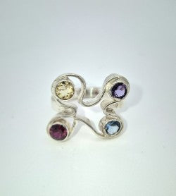 Silver ring with multi-coloured gemstones 